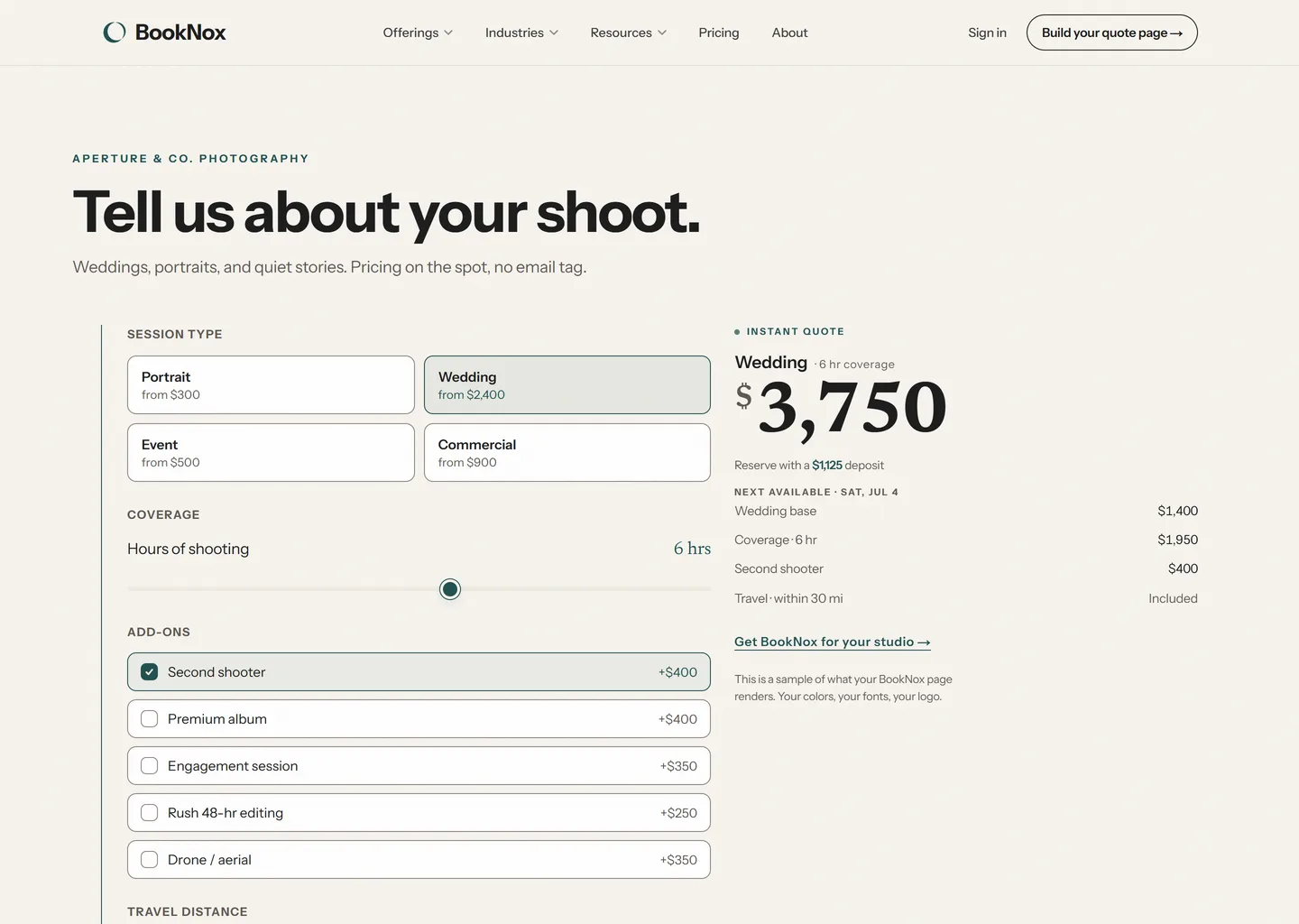 BookNox live instant-quote configurator: a photographer's quote page where choosing a Wedding session, six hours of coverage, and a second-shooter add-on produces a live $3,750 total, a $1,125 deposit, and an itemized line-item breakdown.